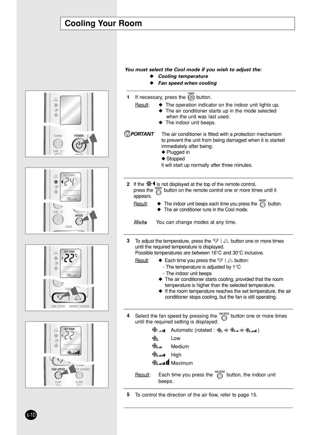 Samsung AS12WHWE/AFR, IAS09W8WE/AFR manual Cooling Your Room, Fan speed when cooling 