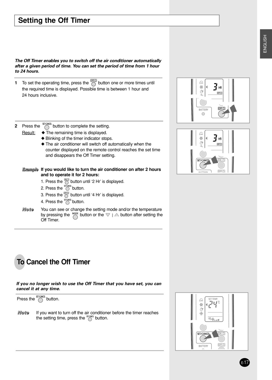 Samsung IAS09W8WE/AFR, AS12WHWE/AFR manual Setting the Off Timer, To Cancel the Off Timer 