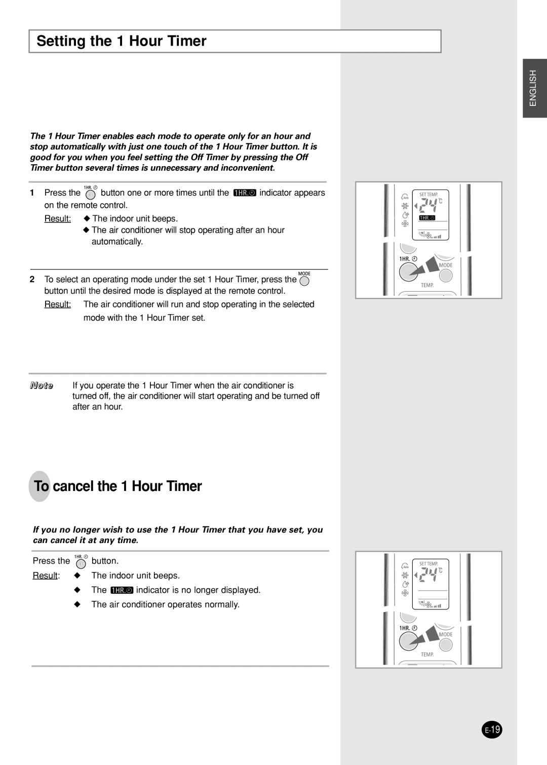 Samsung AS12WHWE/AFR, IAS09W8WE/AFR manual Setting the 1 Hour Timer, To cancel the 1 Hour Timer 