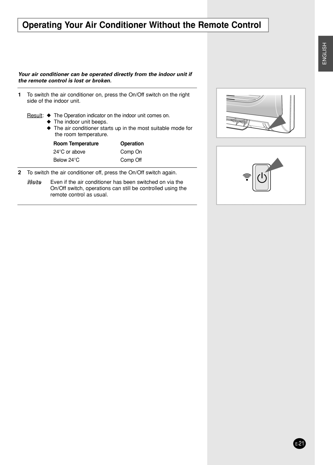 Samsung IAS09W8WE/AFR, AS12WHWE/AFR manual Operating Your Air Conditioner Without the Remote Control, Room Temperature 