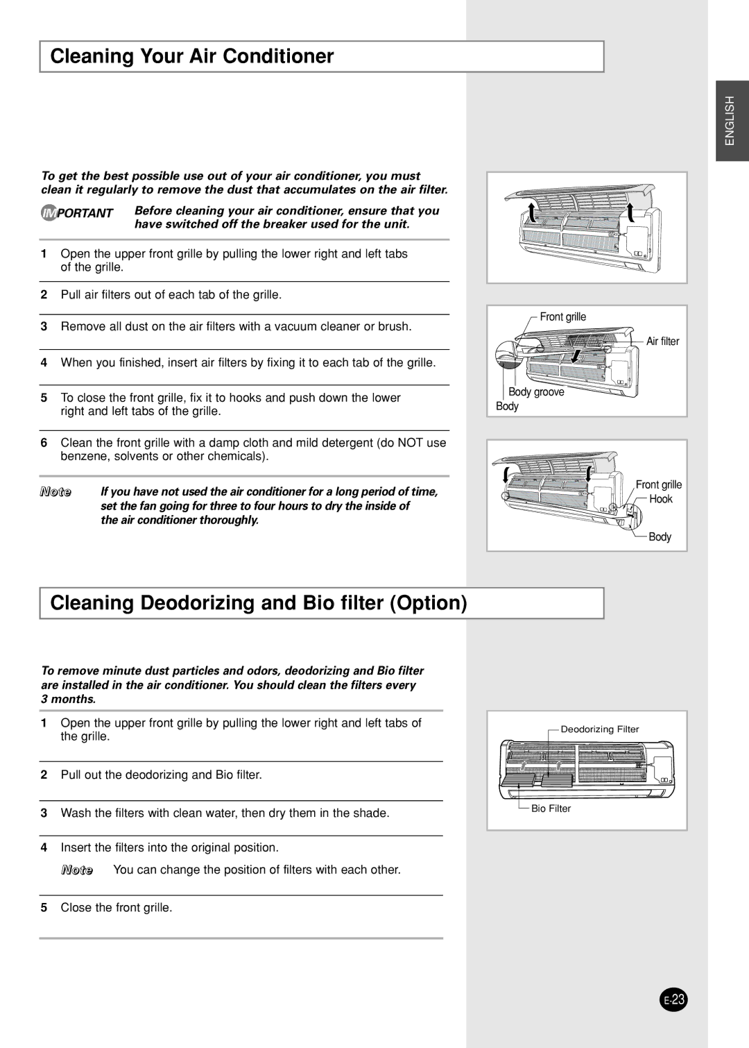 Samsung IAS09W8WE/AFR, AS12WHWE/AFR manual Cleaning Your Air Conditioner, Cleaning Deodorizing and Bio filter Option 