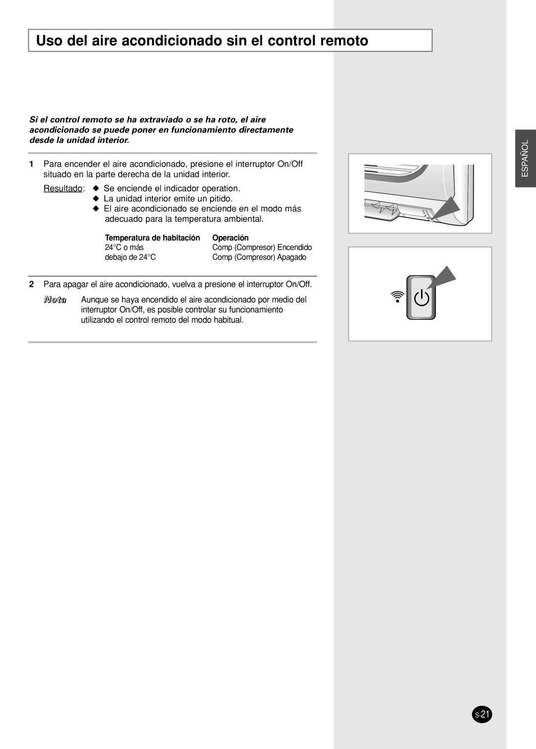 Samsung IAS09W8WE/AFR, AS12WHWE/AFR manual Uso del aire acondicionado sin el control remoto, Operación 