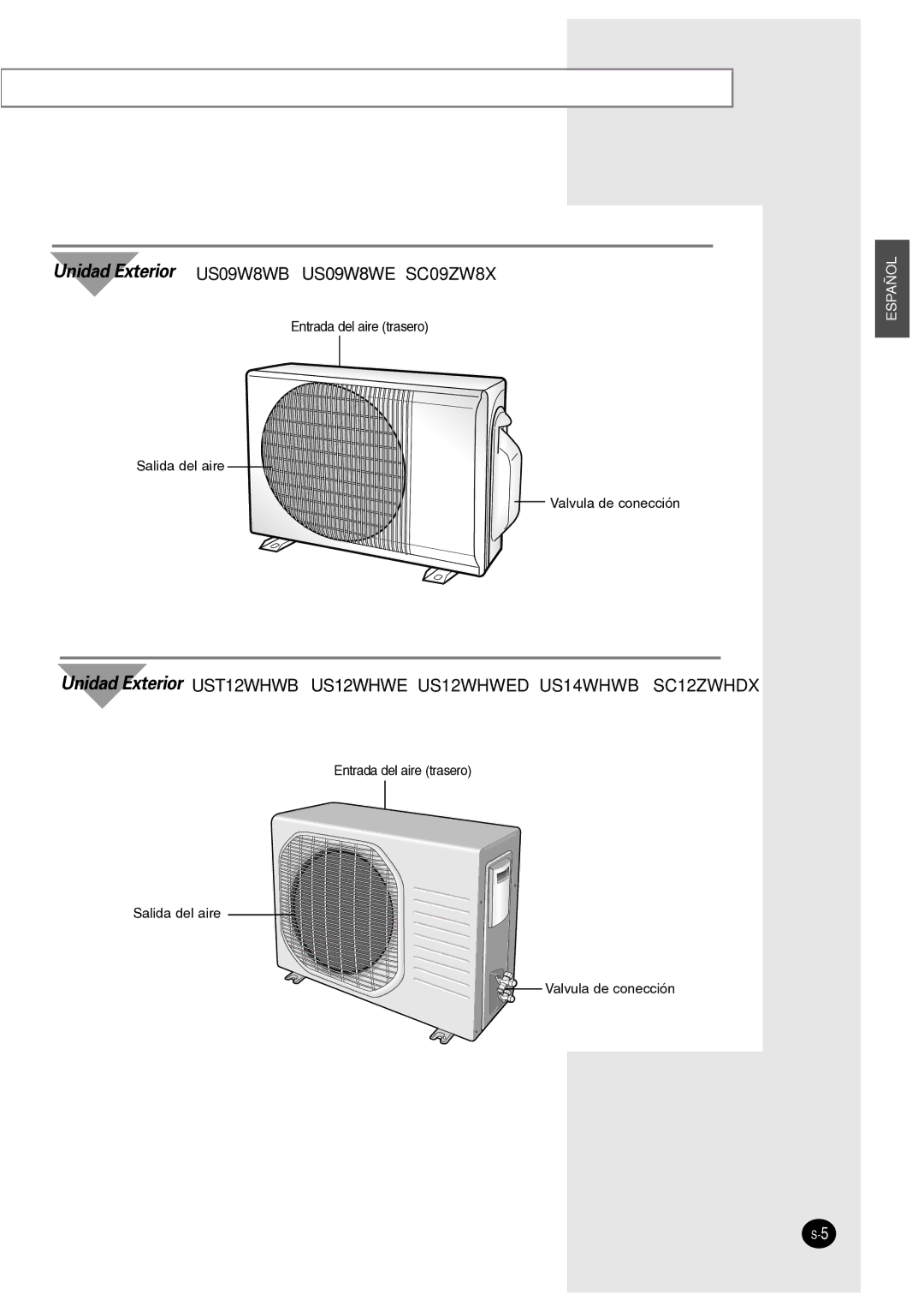 Samsung IAS09W8WE/AFR, AS12WHWE/AFR manual Unidad Exterior US09W8WB US09W8WE SC09ZW8X 