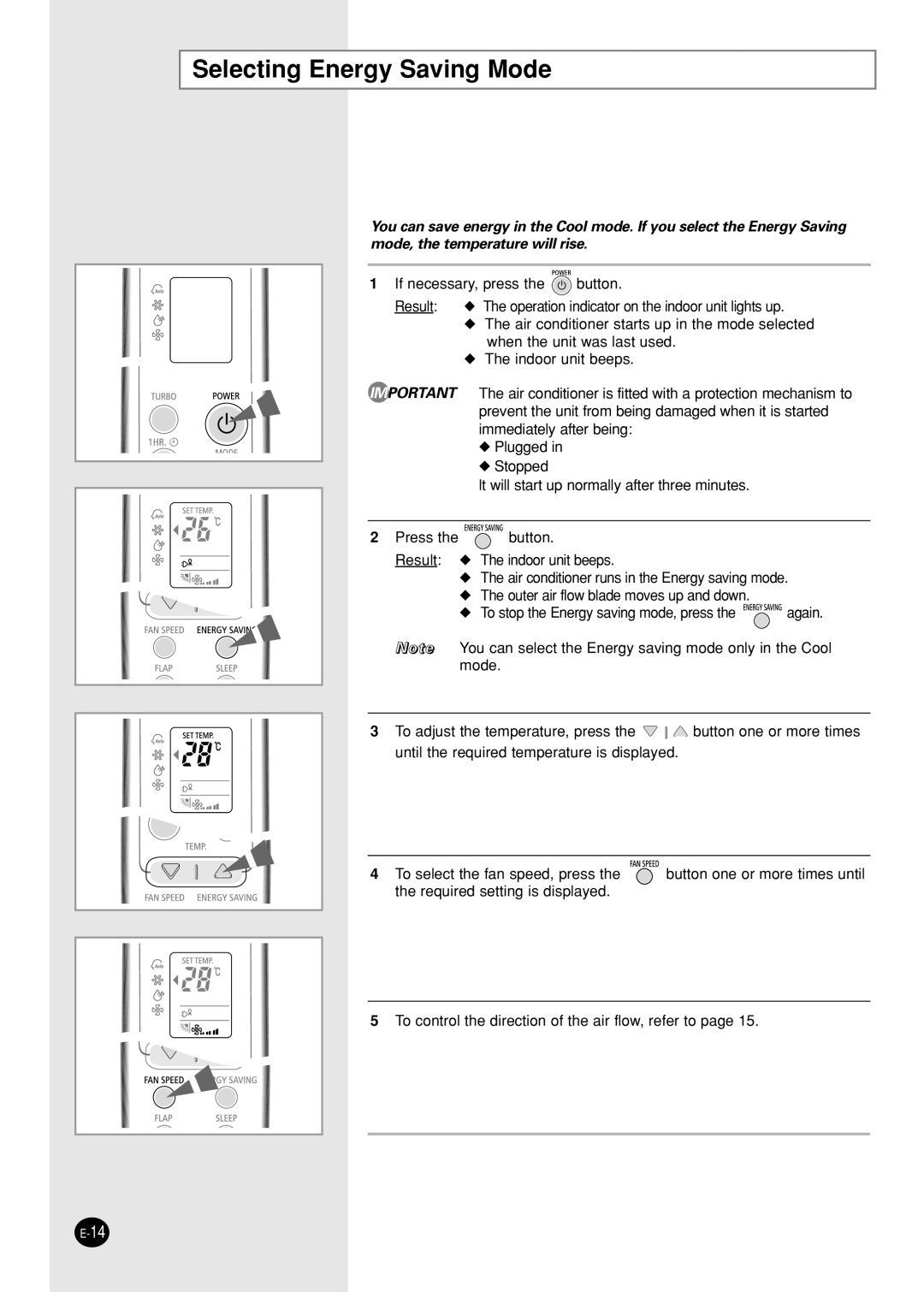 Samsung IAS12WHWE/AFR, IAS09W8WE/AFR manual Selecting Energy Saving Mode 