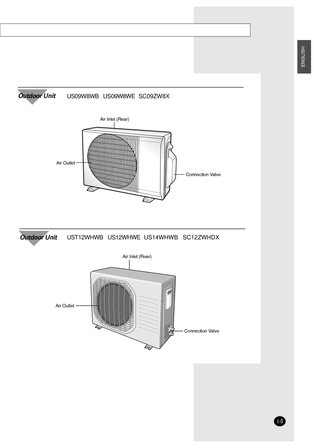 Samsung IAS09W8WE/AFR, IAS12WHWE/AFR manual Outdoor Unit US09W8WB US09W8WE SC09ZW8X 