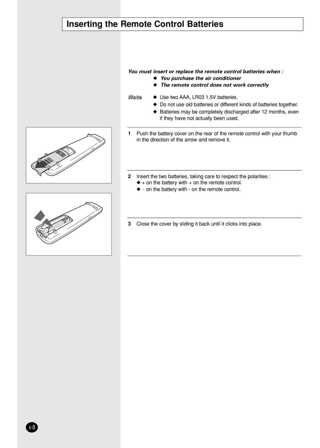 Samsung IAS09W8WE/AFR, IAS12WHWE/AFR manual Inserting the Remote Control Batteries 