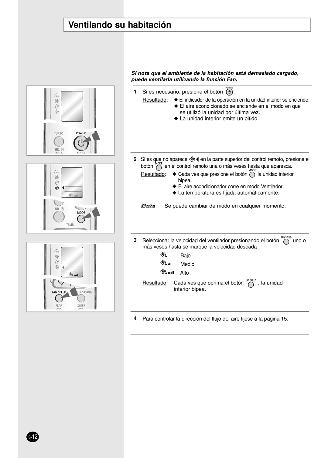 Samsung IAS09W8WE/AFR, IAS12WHWE/AFR manual Ventilando su habitación, Si es necesario, presione el botón 