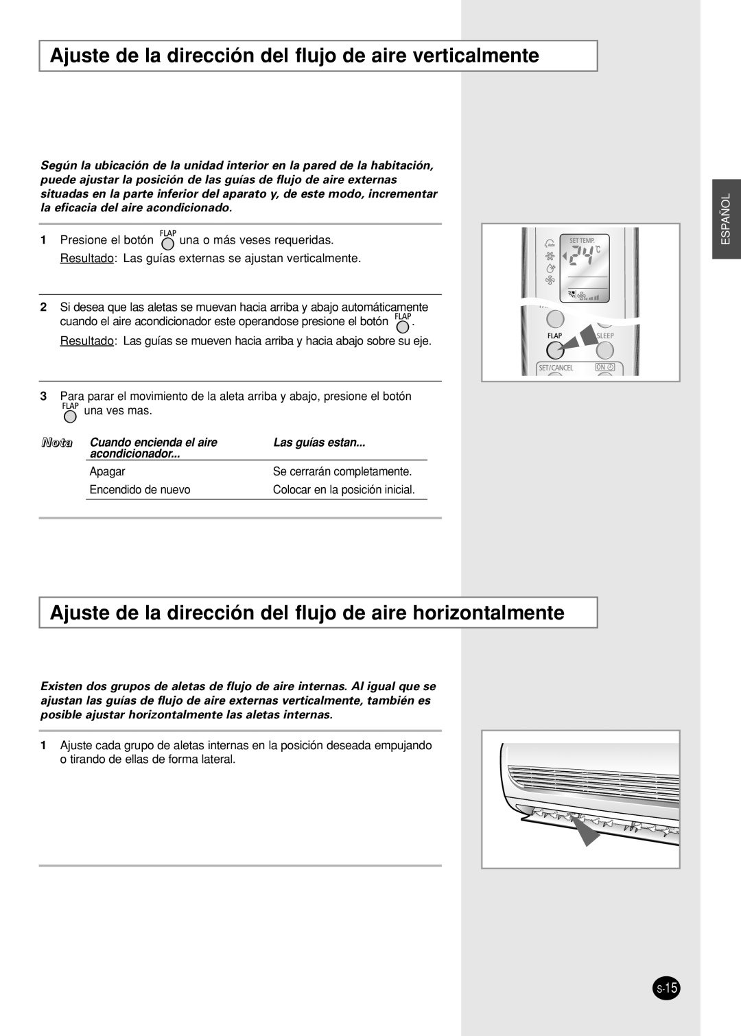 Samsung IAS09W8WE/AFR, IAS12WHWE/AFR manual Ajuste de la dirección del flujo de aire verticalmente 