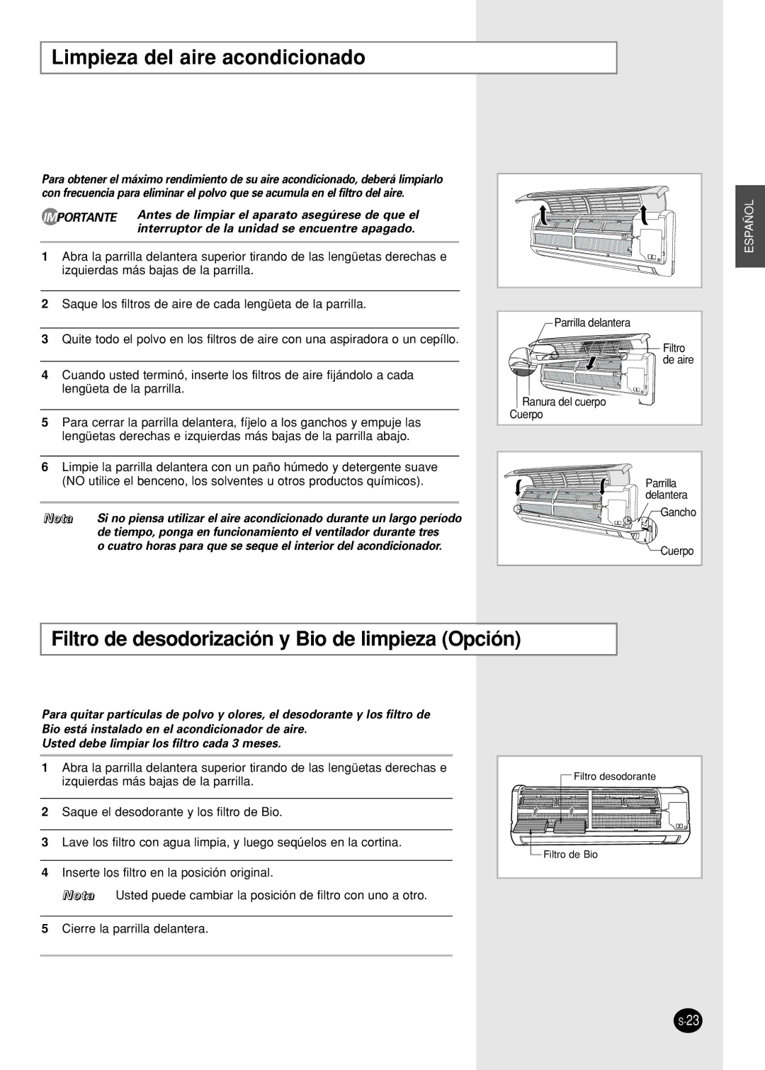 Samsung IAS09W8WE/AFR, AS12WHWE/AFR Limpieza del aire acondicionado, Filtro de desodorización y Bio de limpieza Opción 