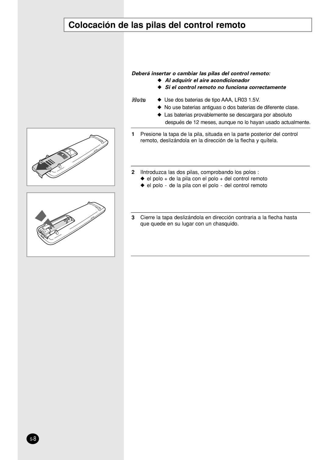 Samsung IAS09W8WE/AFR, IAS12WHWE/AFR manual Colocación de las pilas del control remoto 