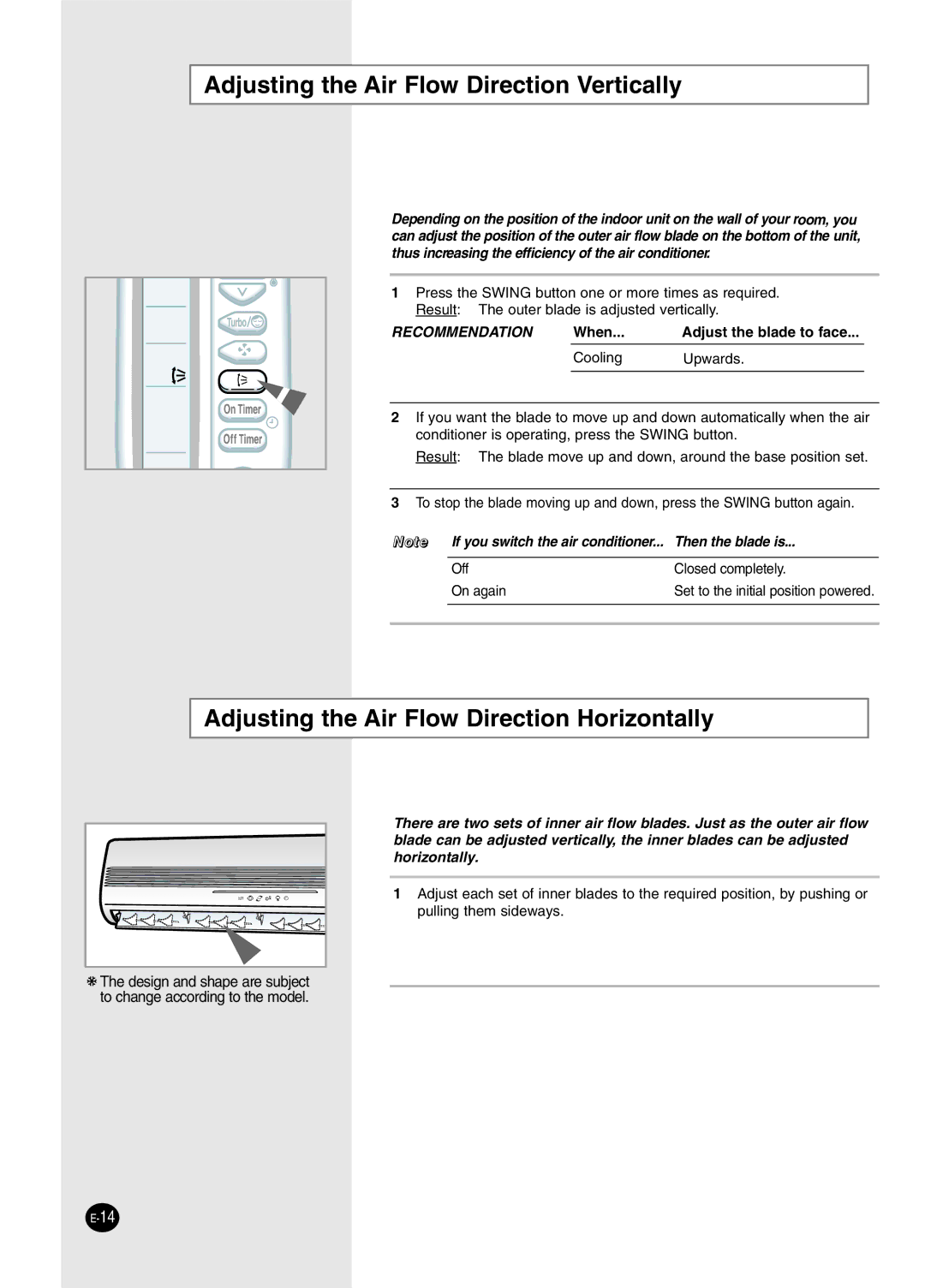 Samsung IAS12NBMD2/XSV manual Adjusting the Air Flow Direction Vertically, Adjusting the Air Flow Direction Horizontally 