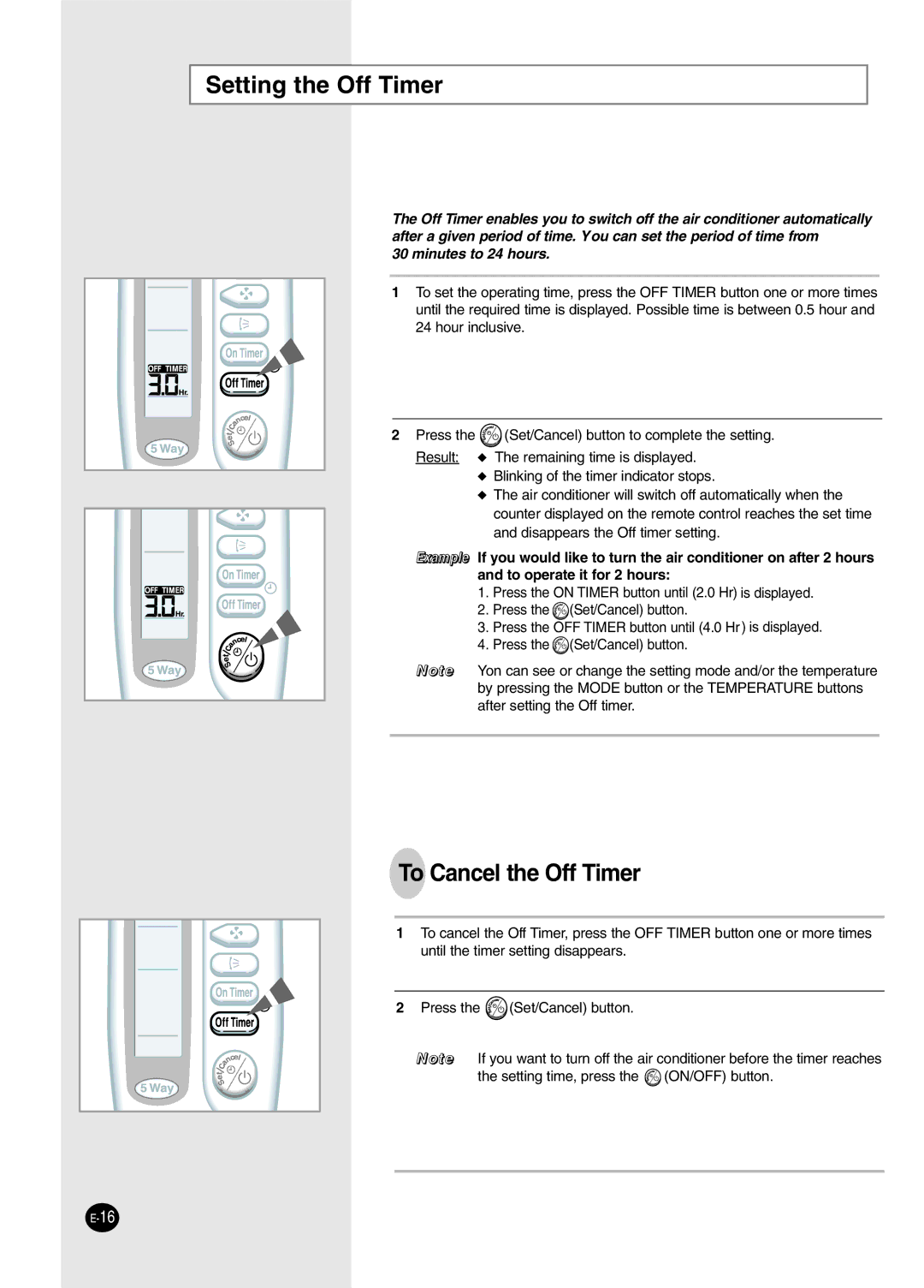 Samsung IAS12NBMD2/XSV manual Setting the Off Timer, To Cancel the Off Timer 