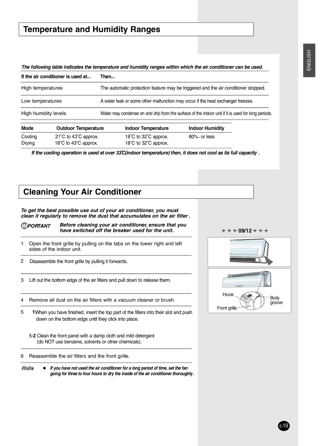 Samsung IAS12NBMD2/XSV manual Temperature and Humidity Ranges, Cleaning Your Air Conditioner 