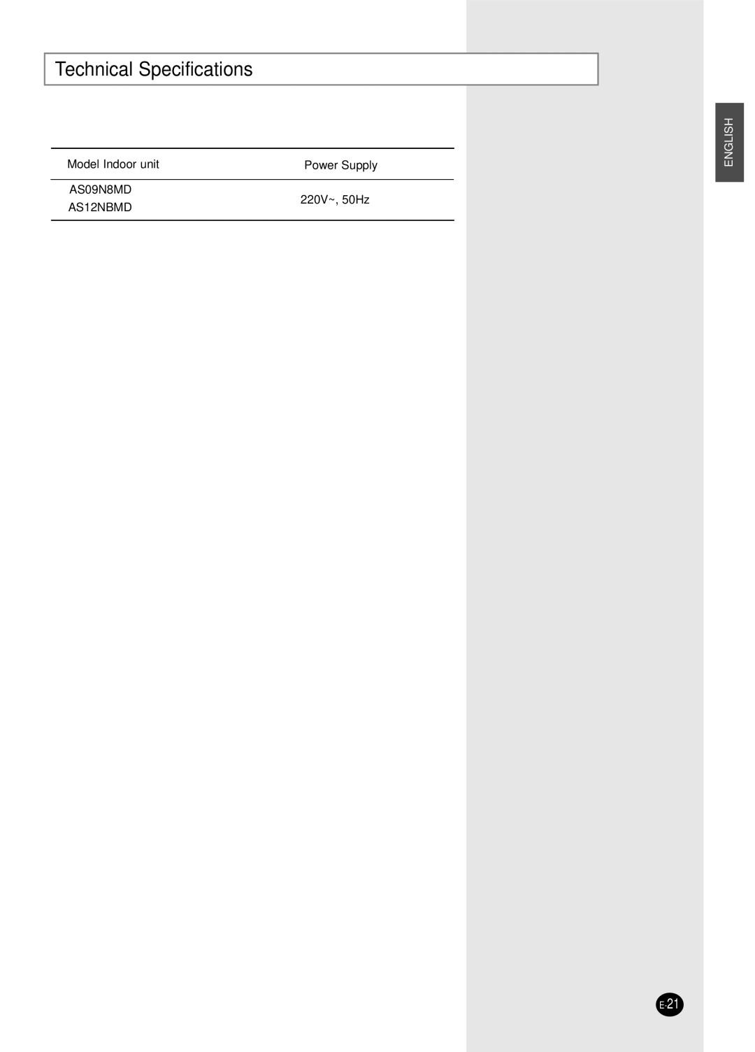 Samsung IAS12NBMD2/XSV manual Technical Specifications 