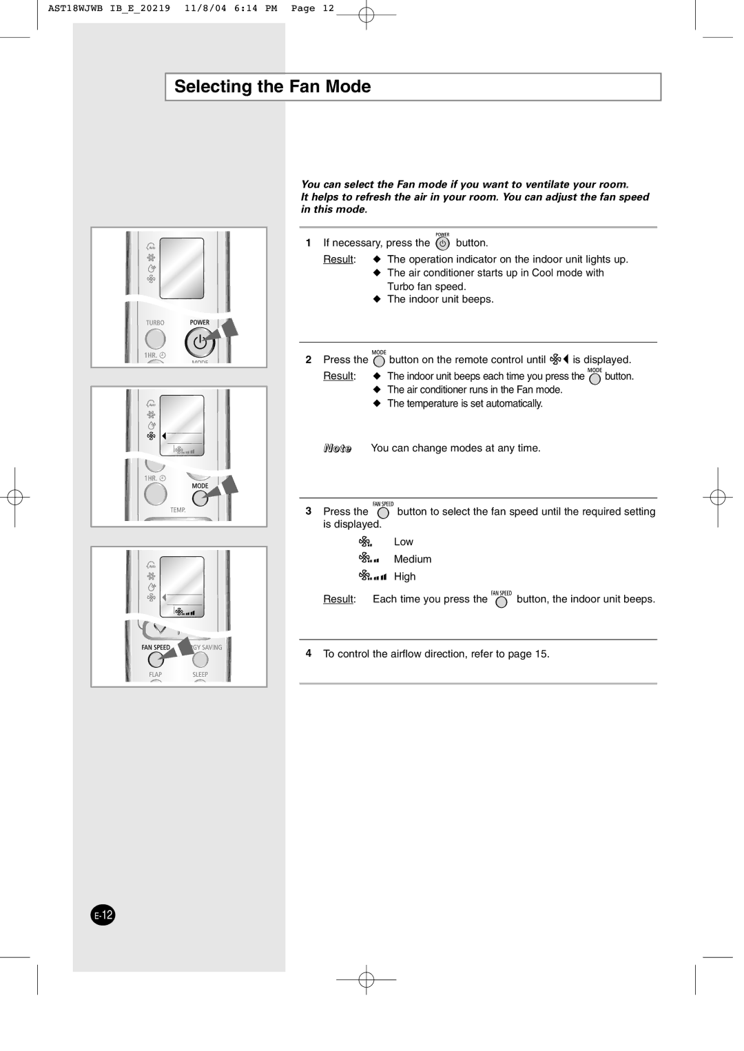 Samsung IAST18JJWB/UMG, IAST24J6WB/UMG manual Selecting the Fan Mode 