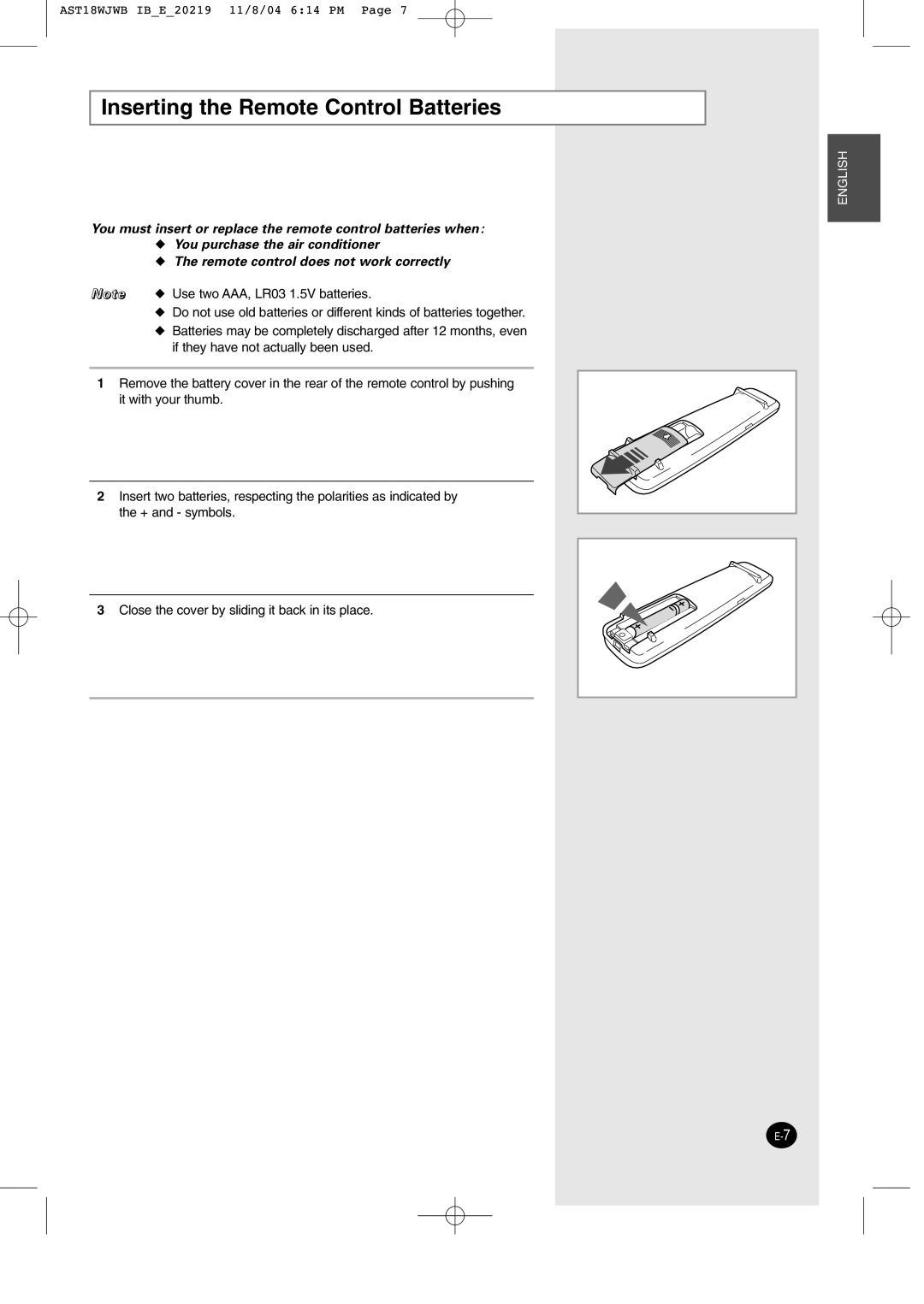 Samsung IAST24J6WB/UMG, IAST18JJWB/UMG manual Inserting the Remote Control Batteries 