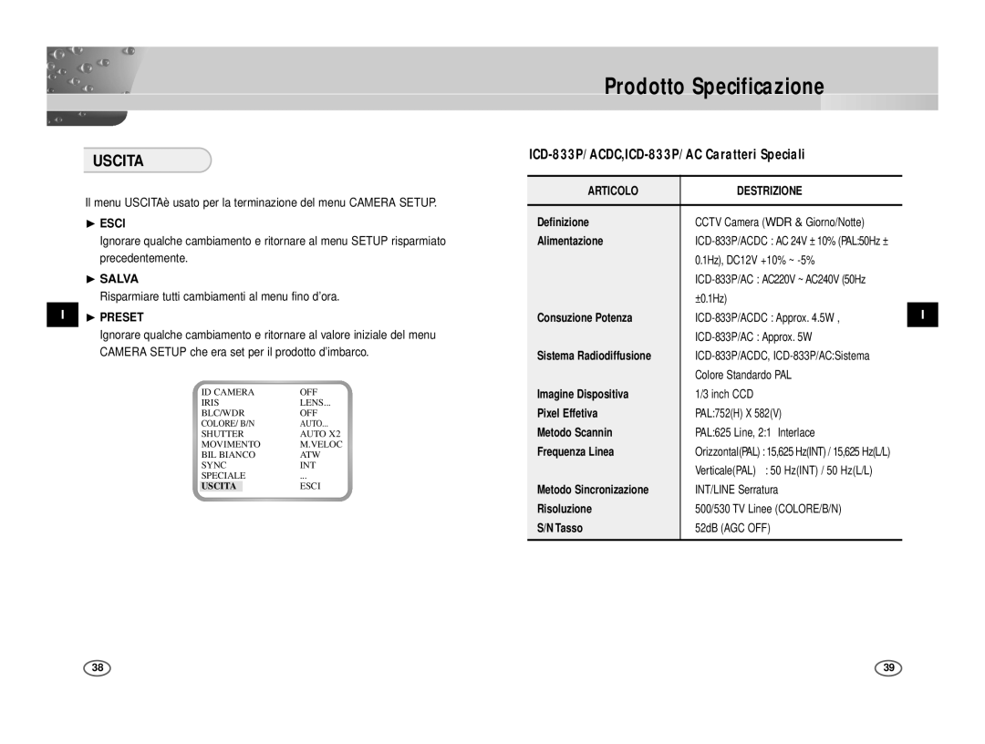 Samsung ICD-831P/ACDC, ICD-833P/ACDC manual Uscita, ❿ Esci, ❿ Salva, Articolo 