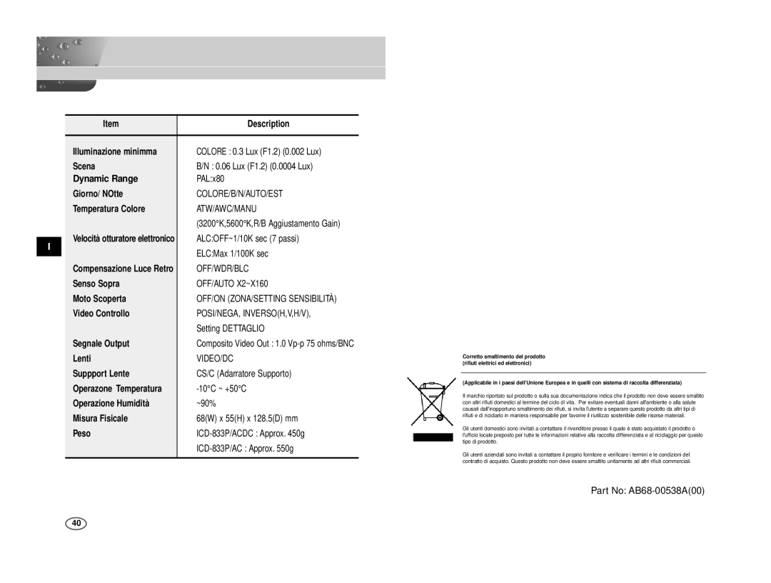 Samsung ICD-831P/AC Scena, Giorno/ NOtte, Temperatura Colore, Senso Sopra, Moto Scoperta, Video Controllo, Segnale Output 