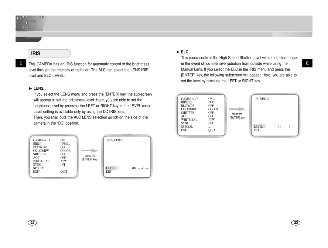 Samsung ICD-831P/ACDC, ICD-833P/ACDC manual Iris, ❿ Lens, ❿ ELC 