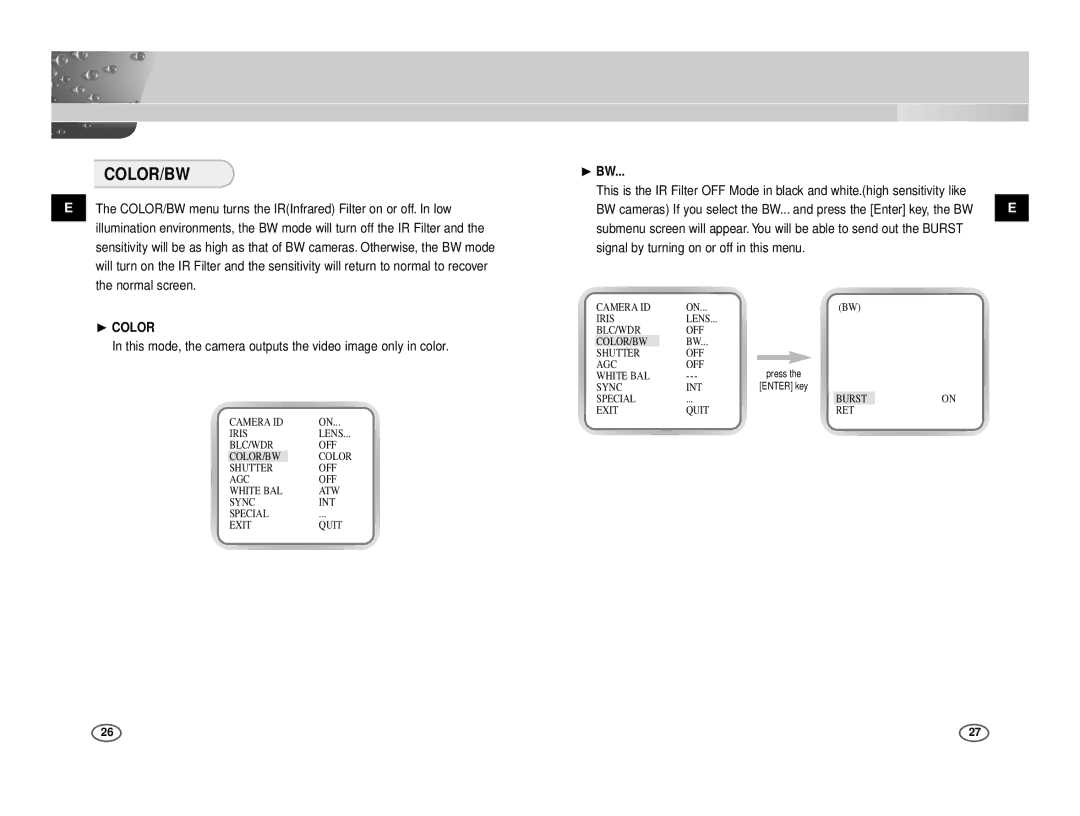 Samsung ICD-833P/ACDC, ICD-831P/ACDC Color/Bw, ❿ Color, This mode, the camera outputs the video image only in color, ❿ BW 