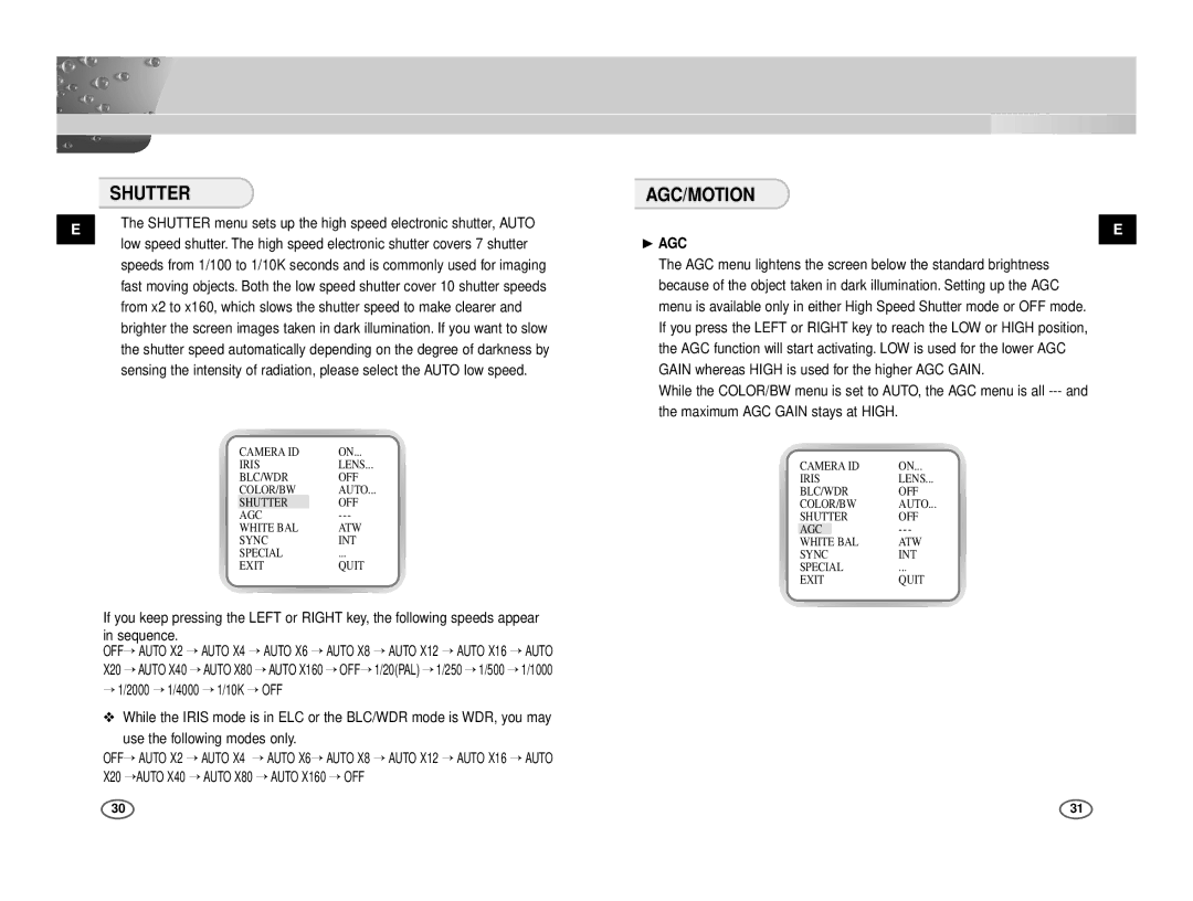 Samsung ICD-831P/ACDC, ICD-833P/ACDC manual Shutter, Agc/Motion, ❿ AGC 