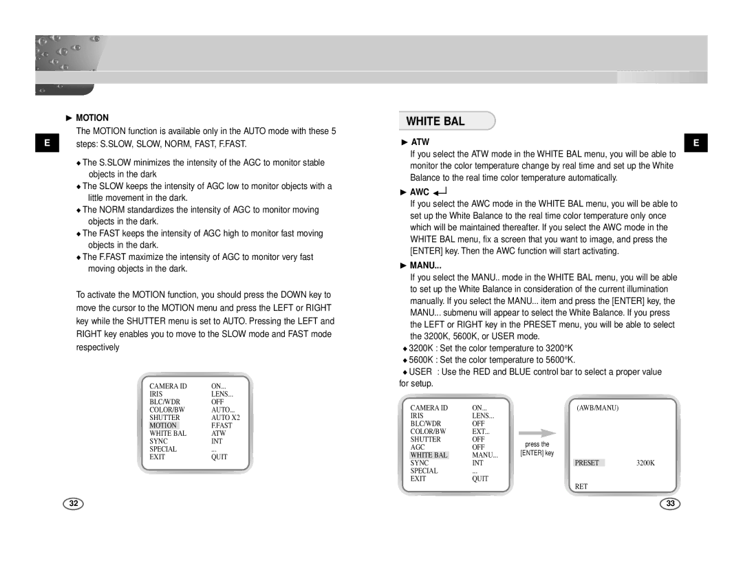 Samsung ICD-831P/ACDC, ICD-833P/ACDC manual White BAL, ❿ Motion, ❿ ATW, ❿ AWC, ❿ Manu 