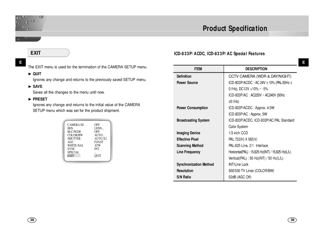 Samsung ICD-831P/ACDC, ICD-833P/ACDC manual Product Specification, Exit 