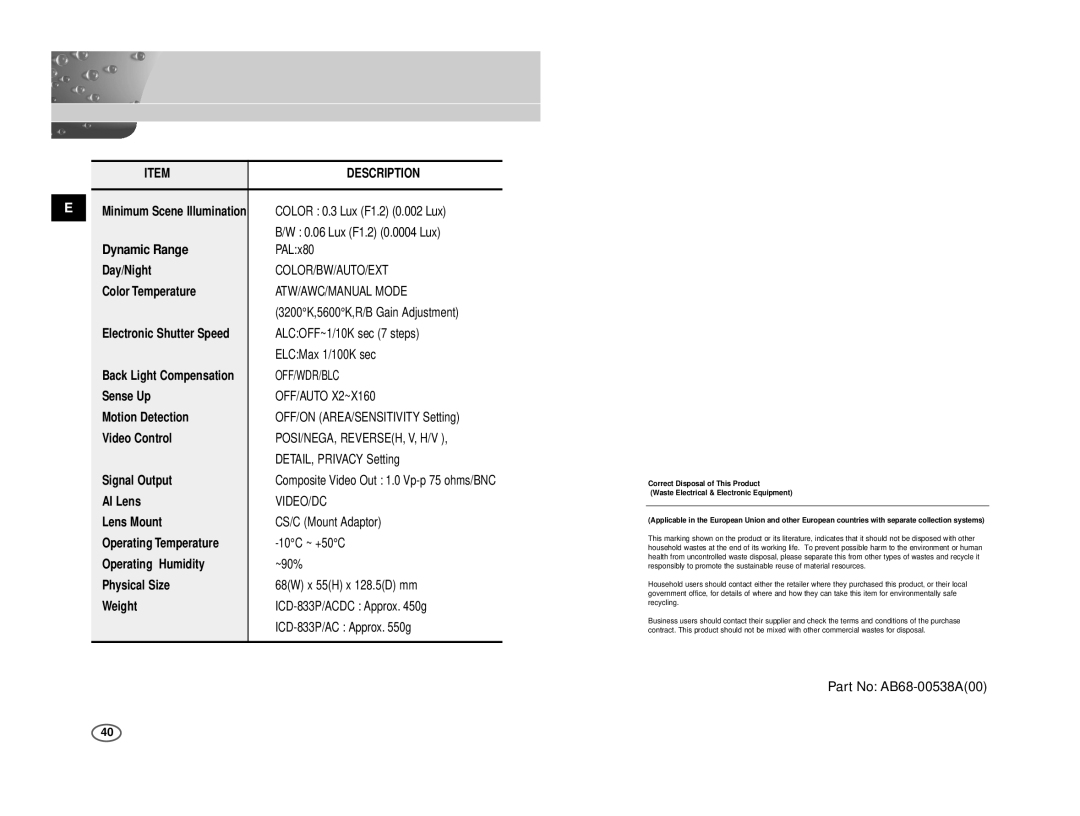 Samsung ICD-831P/AC Dynamic Range, Day/Night, Color Temperature, Sense Up, Motion Detection, Video Control, Signal Output 