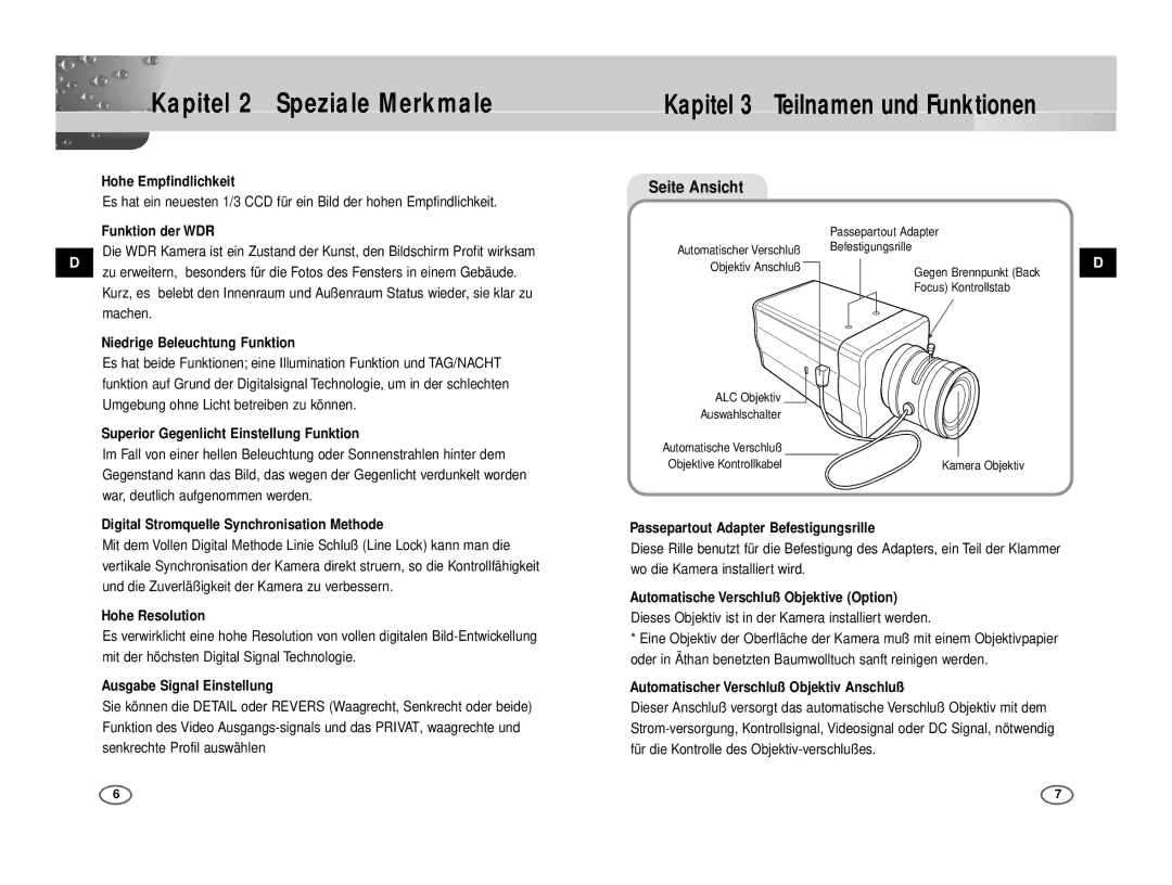 Samsung ICD-831P/ACDC, ICD-833P/ACDC Kapitel 2 Speziale Merkmale, Kapitel 3 Teilnamen und Funktionen, Seite Ansicht 