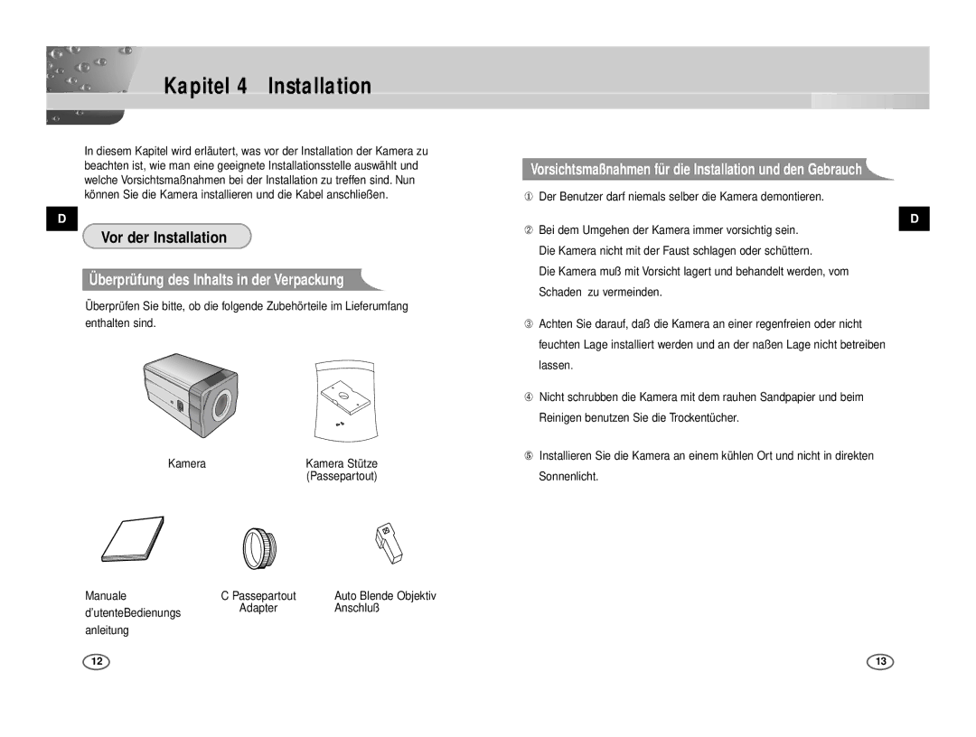 Samsung ICD-831P/ACDC Kapitel 4 Installation, Überprüfung des Inhalts in der Verpackung, Kamera, Manuale Passepartout 