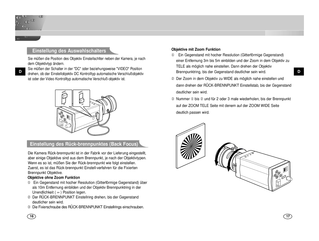 Samsung ICD-833P/ACDC, ICD-831P/ACDC manual Einstellung des Auswahlschalters, Einstellung des Rück-brennpunktes Back Focus 