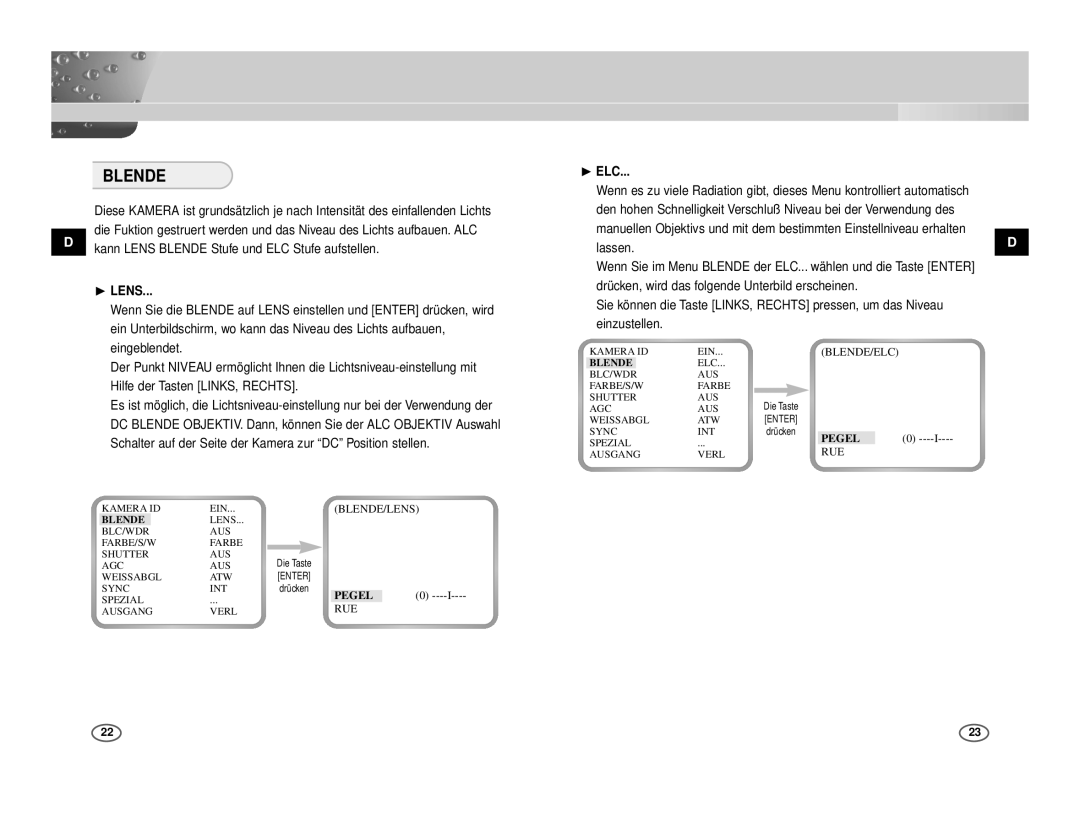 Samsung ICD-831P/ACDC, ICD-833P/ACDC manual Kann Lens Blende Stufe und ELC Stufe aufstellen, Lassen 