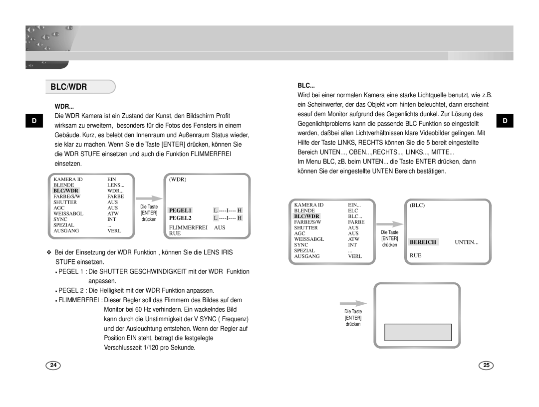 Samsung ICD-833P/ACDC, ICD-831P/ACDC manual Pegel 2 Die Helligkeit mit der WDR Funktion anpassen, PEGEL1 PEGEL2 