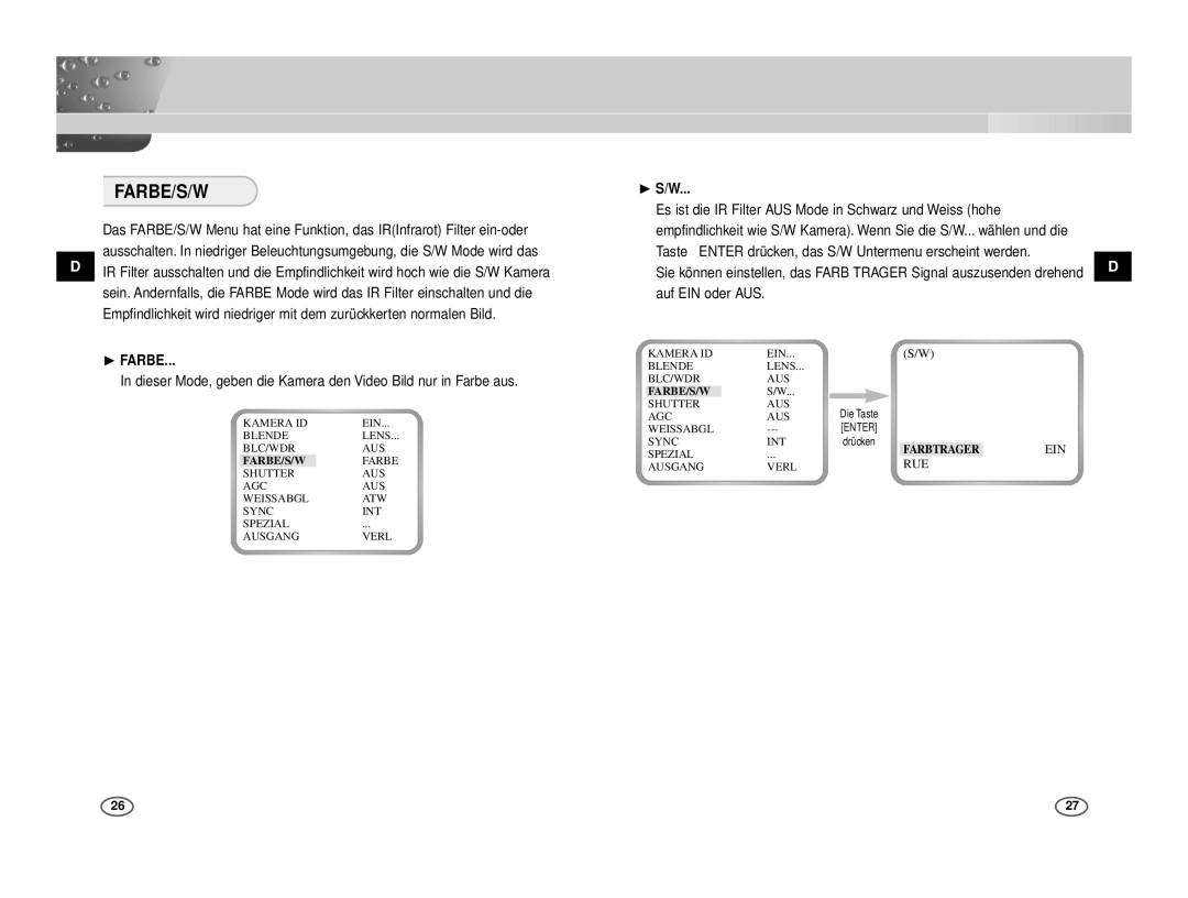 Samsung ICD-831P/ACDC, ICD-833P/ACDC manual Farbe/S/W, ❿ Farbe, ❿ S/W 