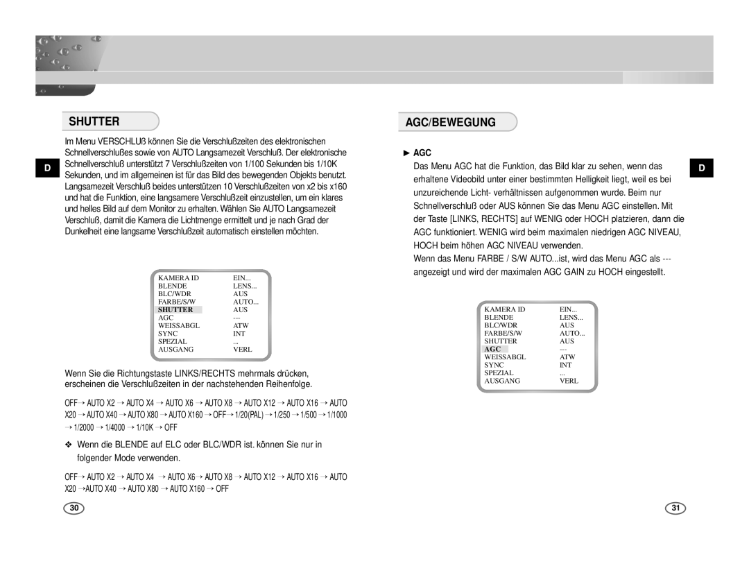 Samsung ICD-831P/ACDC, ICD-833P/ACDC manual Agc/Bewegung, → 1/2000 → 1/4000 → 1/10K → OFF, → Auto X160 → OFF 