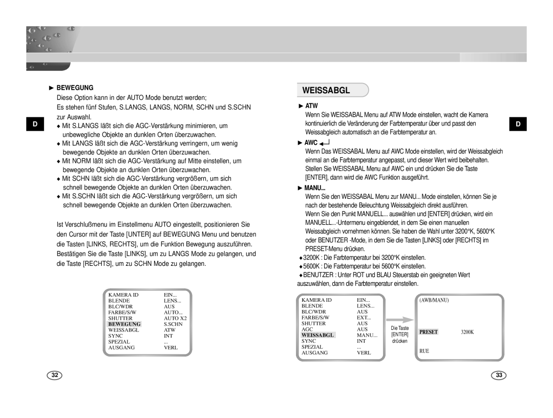 Samsung ICD-833P/ACDC, ICD-831P/ACDC manual ❿ Bewegung, ❿ ATW, Weissabgleich automatisch an die Farbtemperatur an 