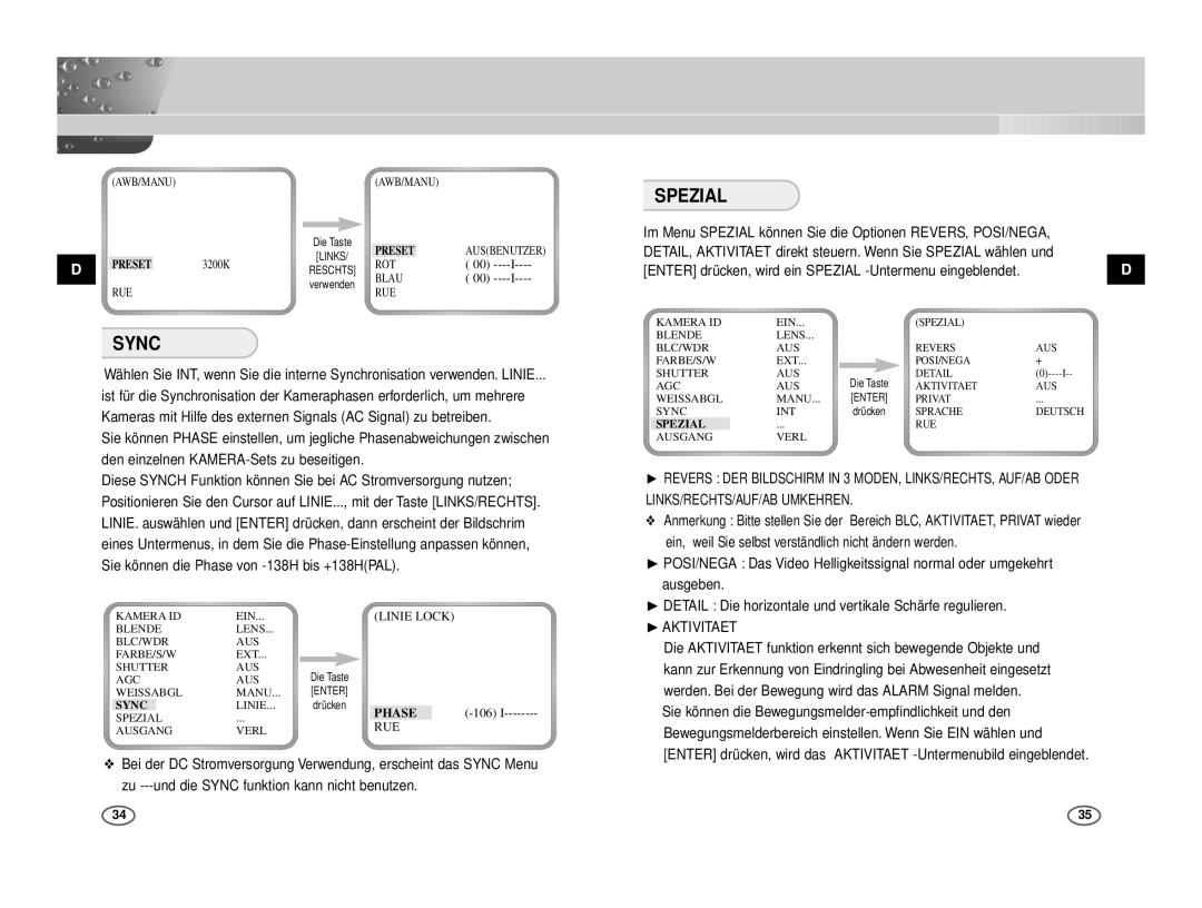 Samsung ICD-833P/AC manual Spezial, Sync, Rechts, ❿ Detail Die horizontale und vertikale Schärfe regulieren, ❿AKTIVITAET 