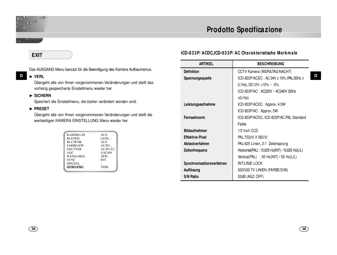 Samsung ICD-831P/ACDC, ICD-833P/ACDC Prodotto Specificazione, ❿ Verl, ❿ Sichern, Artikel, 500/530 TV Linien FARBE/S/W 