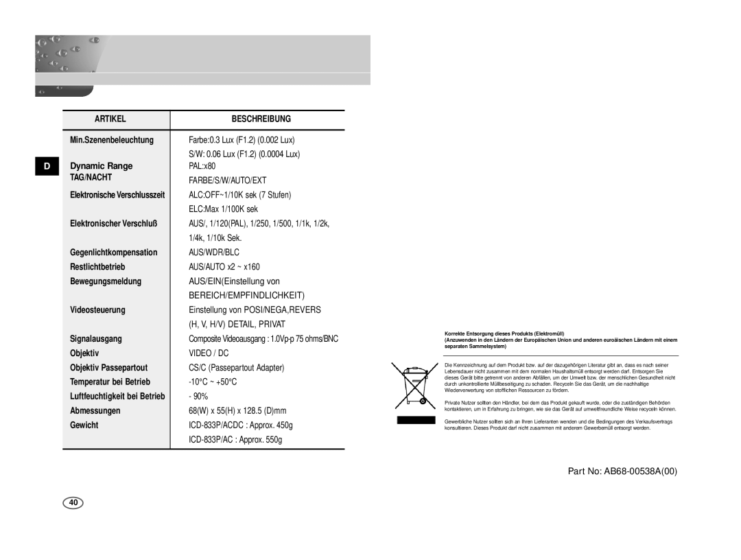 Samsung ICD-833P/ACDC, ICD-831P/ACDC manual Artikel Beschreibung, Tag/Nacht 