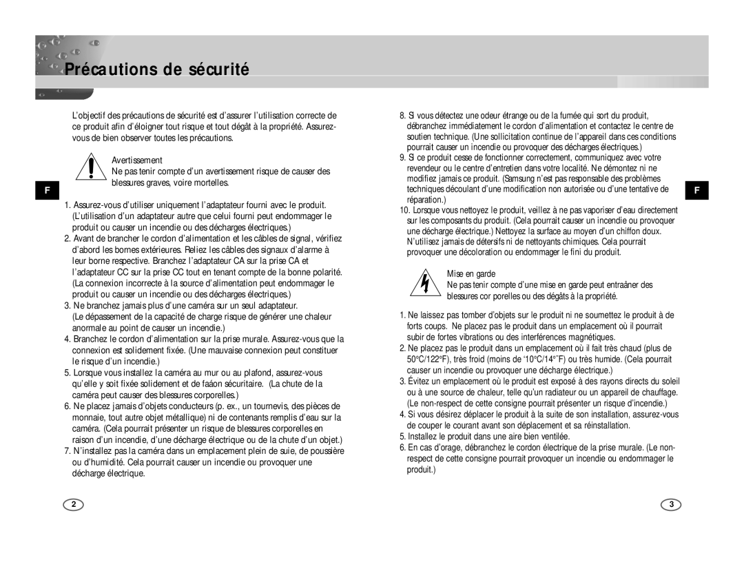 Samsung ICD-831P/ACDC, ICD-833P/ACDC manual Précautions de sécurité, Installez le produit dans une aire bien ventilée 