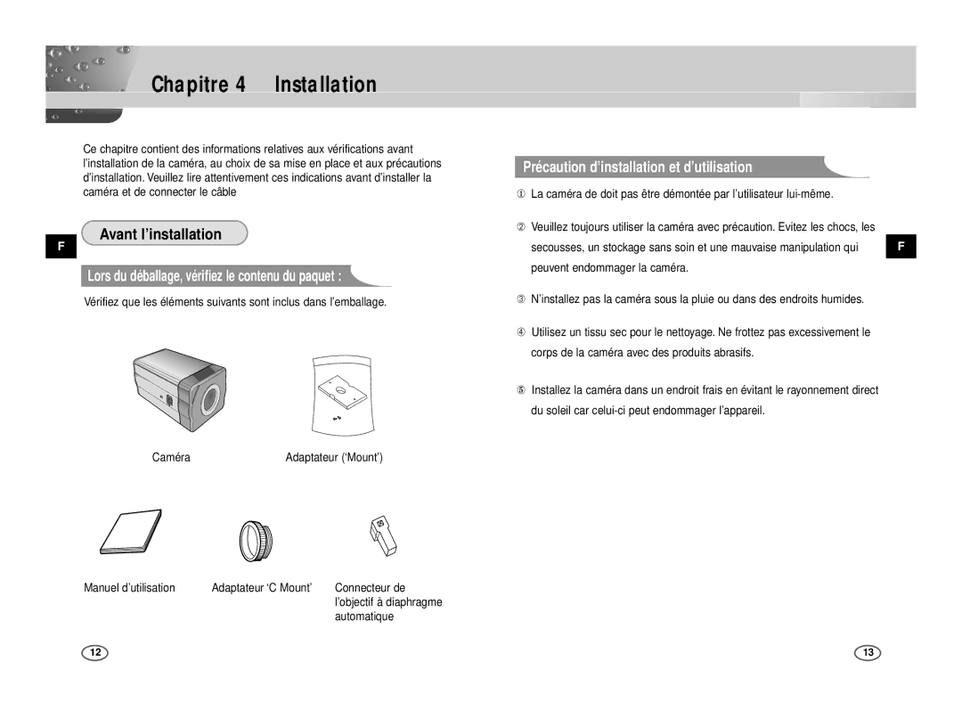 Samsung ICD-831P/ACDC manual Chapitre 4 Installation, Lors du déballage, vérifiez le contenu du paquet, Automatique 