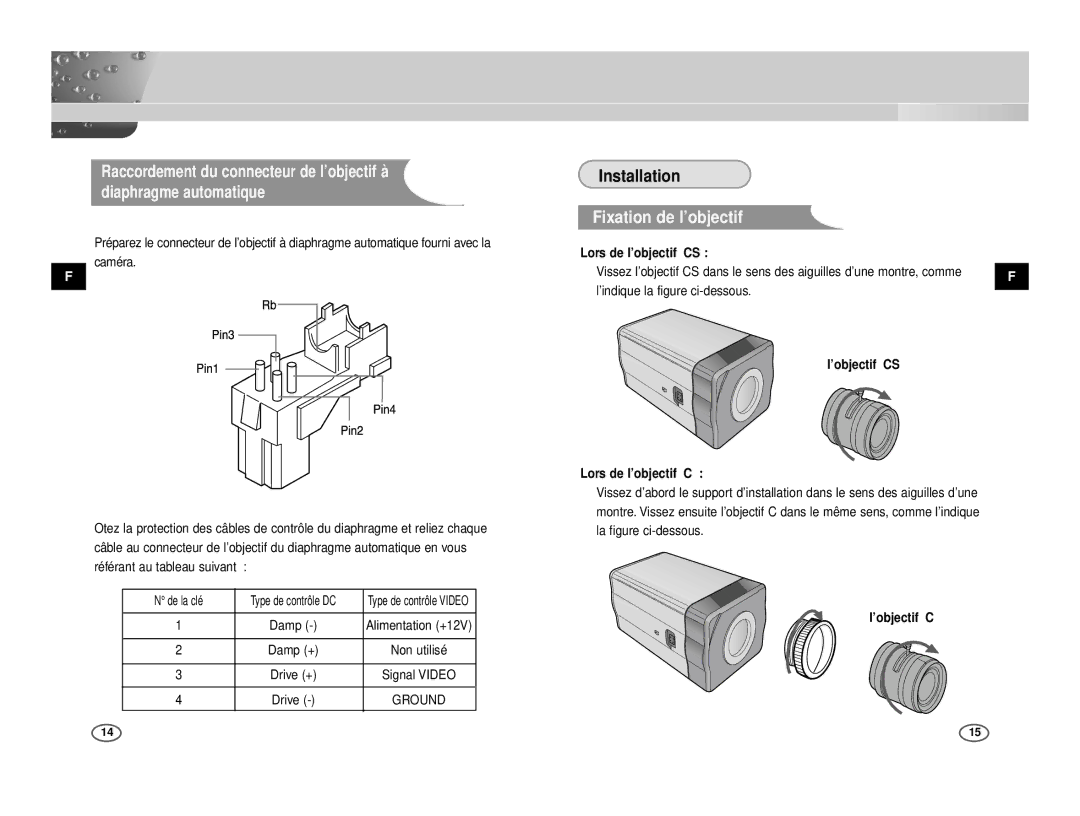 Samsung ICD-833P/ACDC, ICD-831P/ACDC manual Fixation de l’objectif, Lors de l’objectif CS, ’objectif CS Lors de l’objectif C 