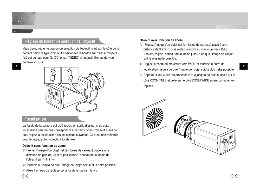 Samsung ICD-833P/AC manual Réglage du bouton de sélection de l’objectif, Focalisation, Objectif avec fonction de zoom 