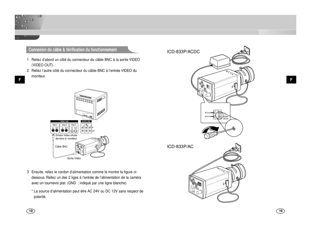 Samsung ICD-831P/ACDC, ICD-833P/ACDC manual Connexion du câble & Vérification du fonctionnement, Video OUT 