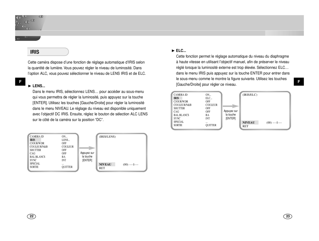 Samsung ICD-833P/ACDC, ICD-831P/ACDC manual Gauche/Droite pour régler ce niveau, Sur le côté de la caméra sur la position DC 