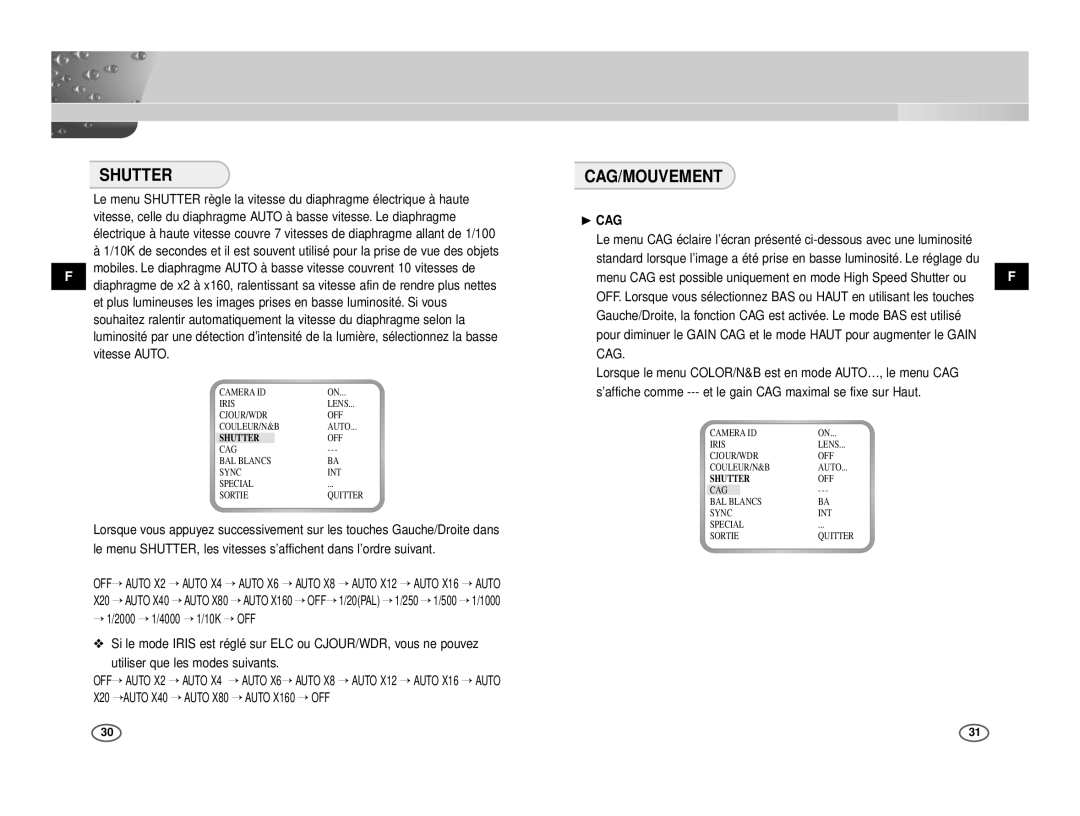 Samsung ICD-833P/ACDC, ICD-831P/ACDC manual Cag/Mouvement, Vitesse Auto, ❿ CAG 