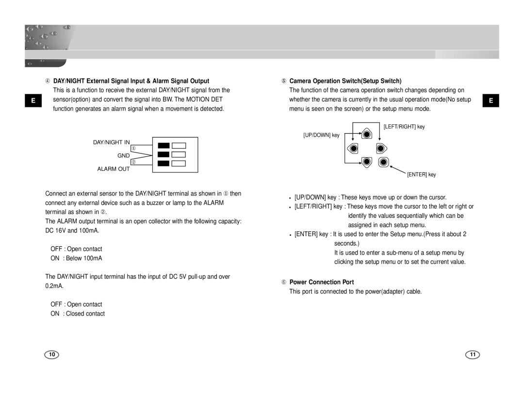 Samsung ICD-833P/ACDC manual ➃ DAY/NIGHT External Signal Input & Alarm Signal Output, ⑤ Camera Operation SwitchSetup Switch 
