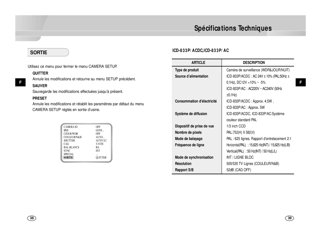 Samsung ICD-833P/ACDC, ICD-831P/ACDC manual Spécifications Techniques, Sortie, ❿ Quitter, ❿ Sauver, Article Description 