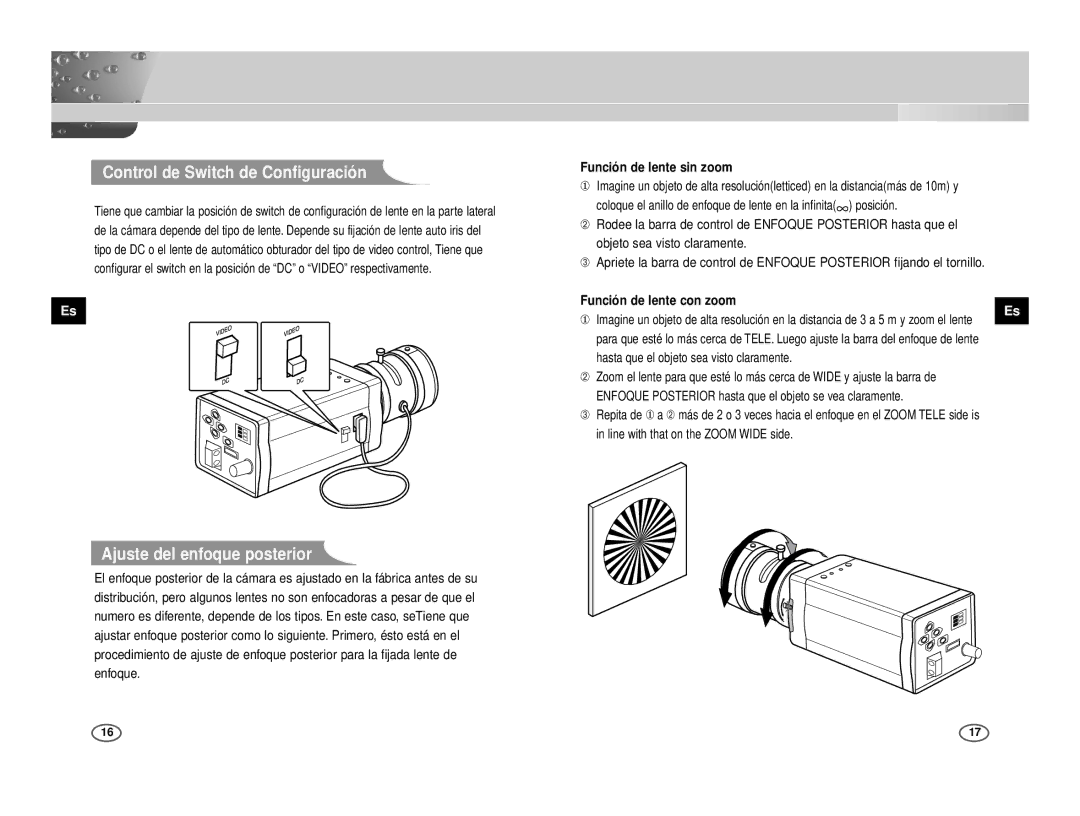 Samsung ICD-831P/ACDC manual Control de Switch de Configuración, Ajuste del enfoque posterior, Función de lente sin zoom 