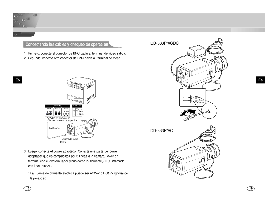 Samsung ICD-831P/ACDC, ICD-833P/ACDC manual Concectando los cables y chequeo de operación 